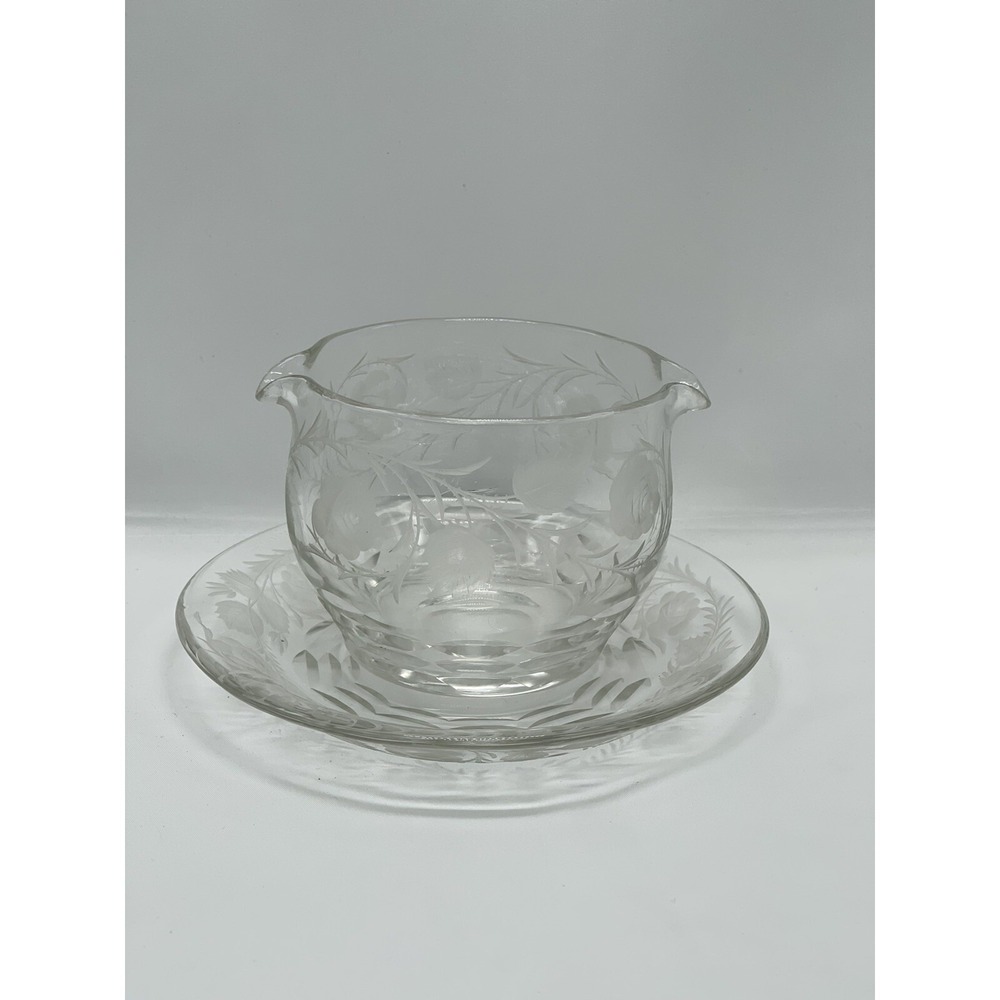 Pairpoint Engraved Glass Cream Soup Bowl & Under Plate Dessert Large 16oz Roses‎